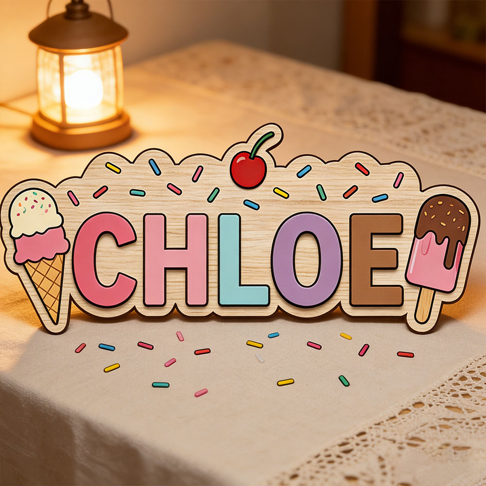Baby Name Wall Art - لافتة خشبية مخصصة بتصميم مخروط الآيس